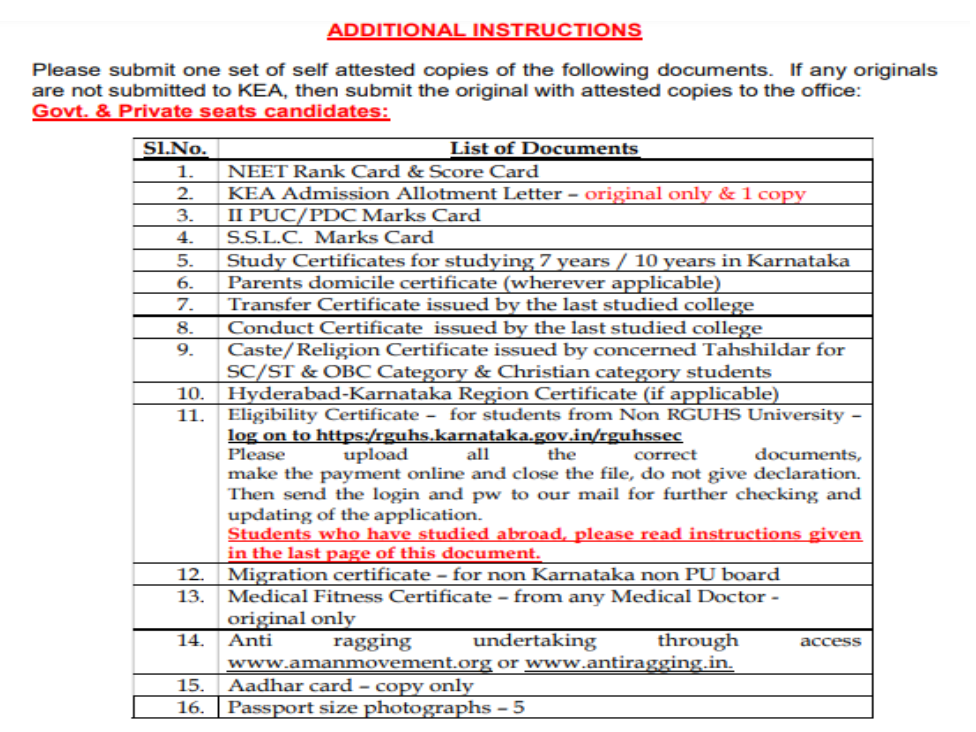 Documents list for mbbs admission at father muller medical college