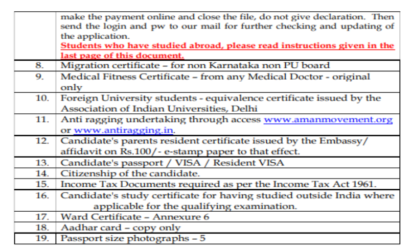 Documents list for nri seat category mbbs admission at father muller medical college