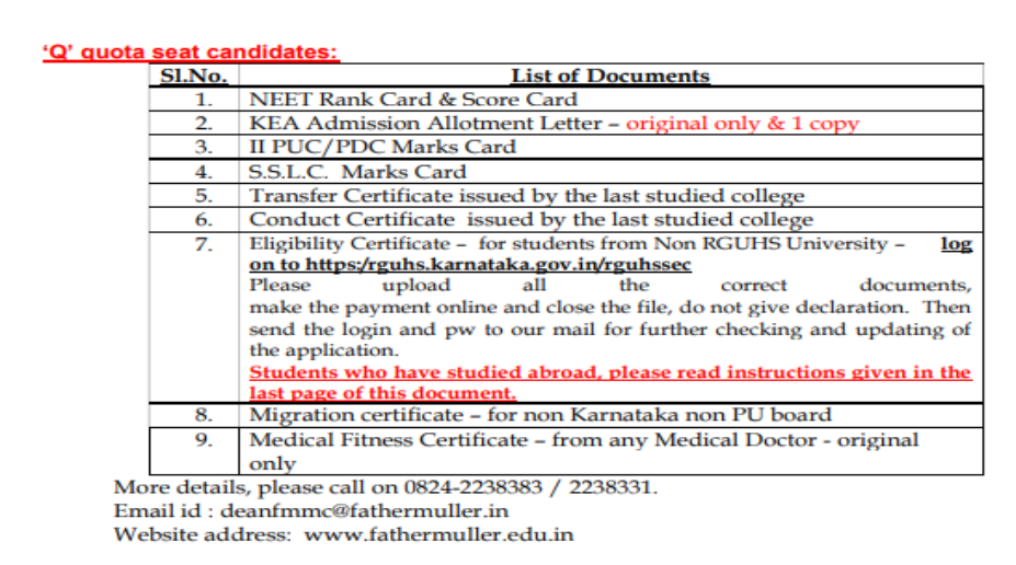 Documents list for q quota seat candidates mbbs admission at father muller medical college