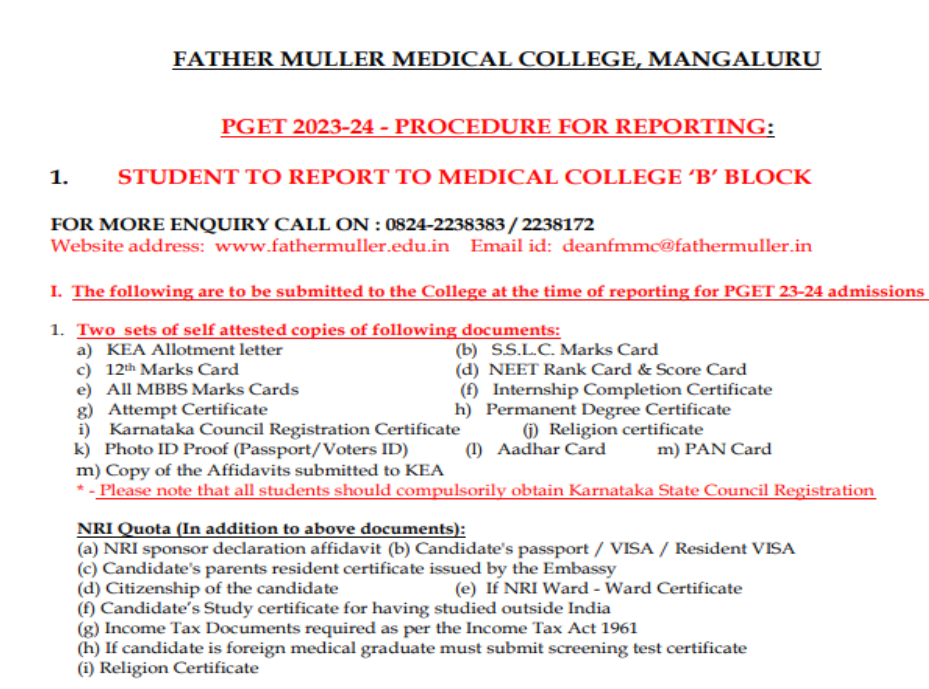 Documents list for pg admission at father muller medical college