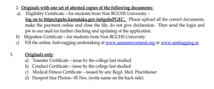 Documents list for pg admission at father muller medical college