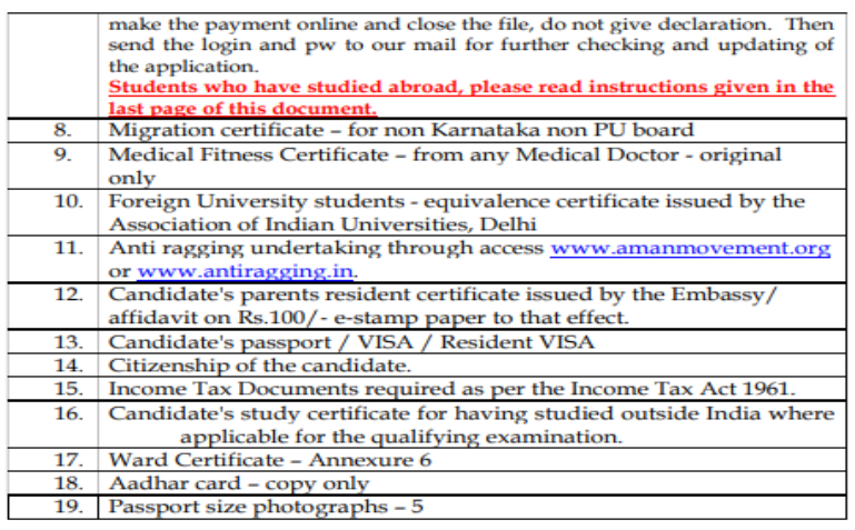 Documents list for q quota seat candidates mbbs admission at kanachur institute of medical sciences