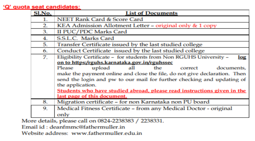 Documents list for q quota seat candidates mbbs admission at kanachur institute of medical sciences