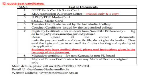 Documents list for q quota seat candidates mbbs admission at oxford medical college bangalore