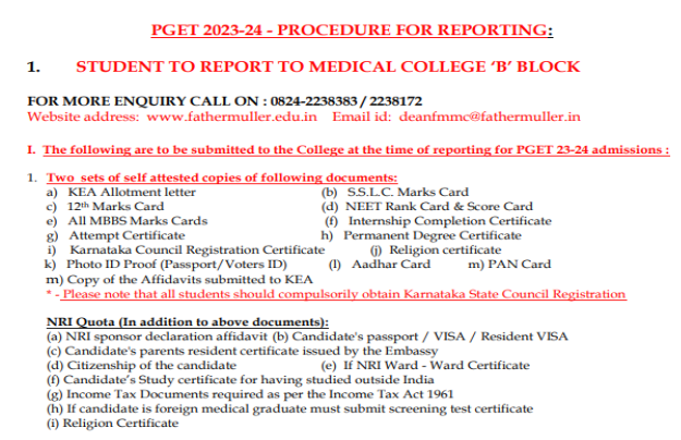 Documents list for pg admission at subbaiah medical college