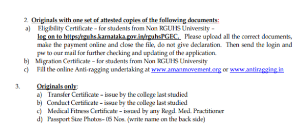 Documents list for pg admission at subbaiah medical college