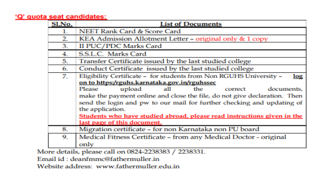 Documents list for q quota seat candidates mbbs admission at sapthagiri medical college