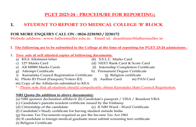 Documents list for pg admission at sapthagiri medical college