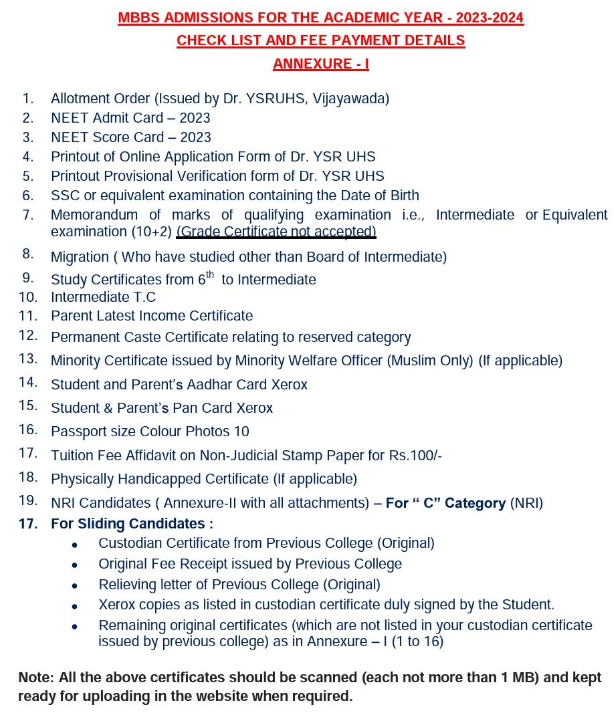 Documents for mbbs admission at alluri sitarama raju academy of medical sciences