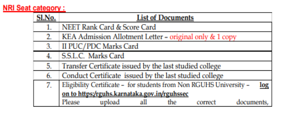 Documents list for nri seat category mbbs admission at oxford medical college bangalore