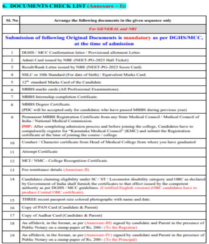 Documents required for pg admission at blde medical college