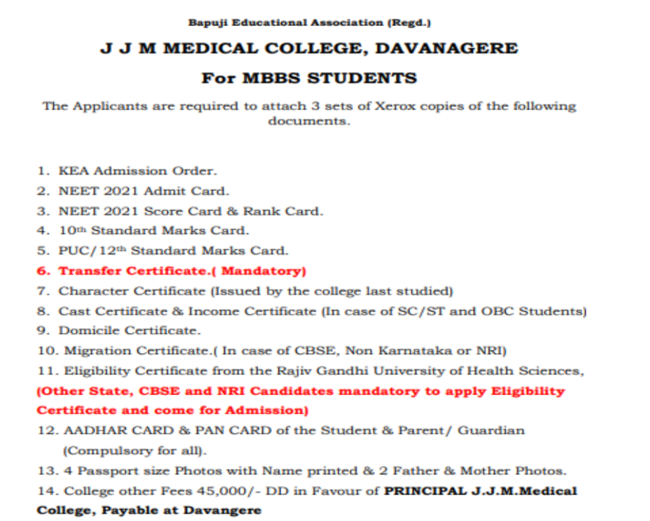 Documents required for mbbs admission at jjm medical college