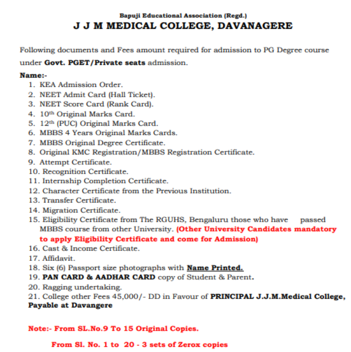 Documents required for pg admission at jjm medical college