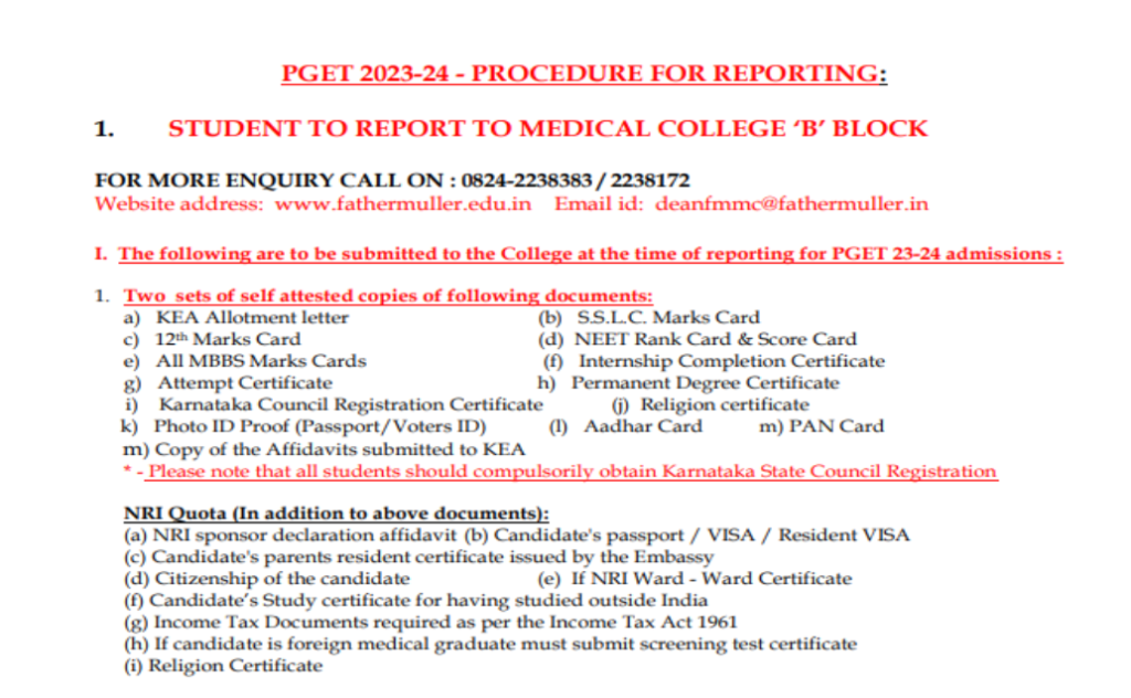 Documents list for pg admission at srinivas medical college