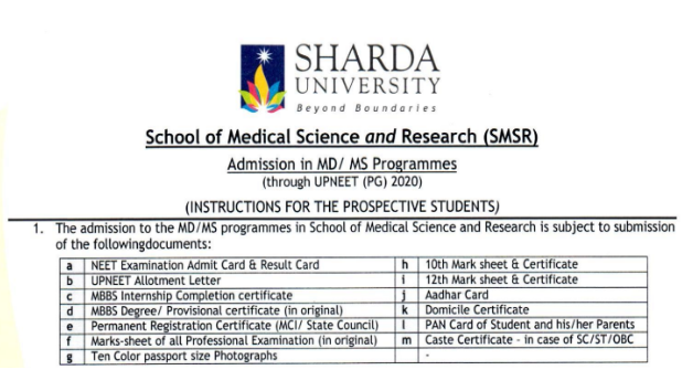 Documents required for pg admission at sharda medical college