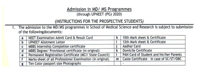 Documents required for pg admission at subharti medical college