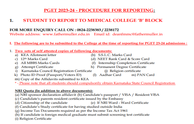 Documents list for pg admission at shridevi medical college