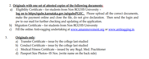 Documents list for pg admission at shridevi medical college