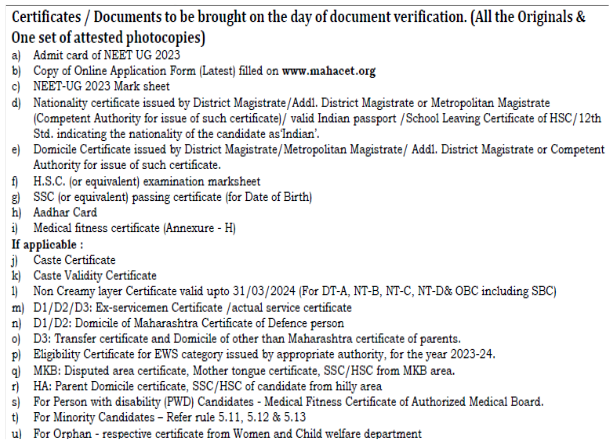 Documents required for mbbs admission at dr ulhas patil medical college  