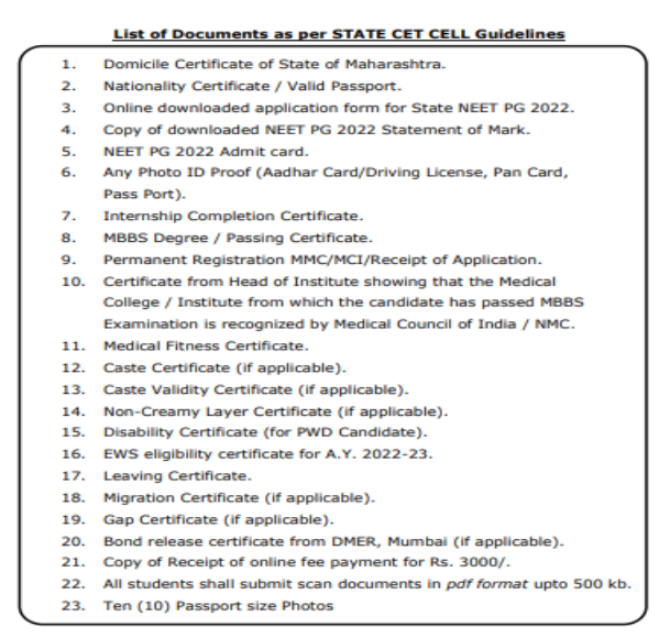 Documents required for pg admission at dr ulhas patil medical college  