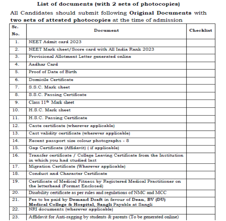 Documents required for mbbs admission at dy patil medical college pune  