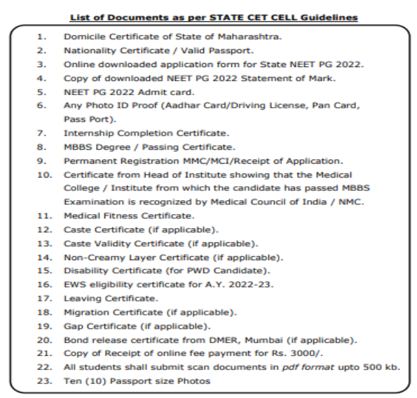 Documents required for pg admission at smbt medical college nashik  