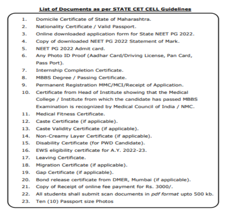 Documents required for pg admission at smt kashibai navale medical college  