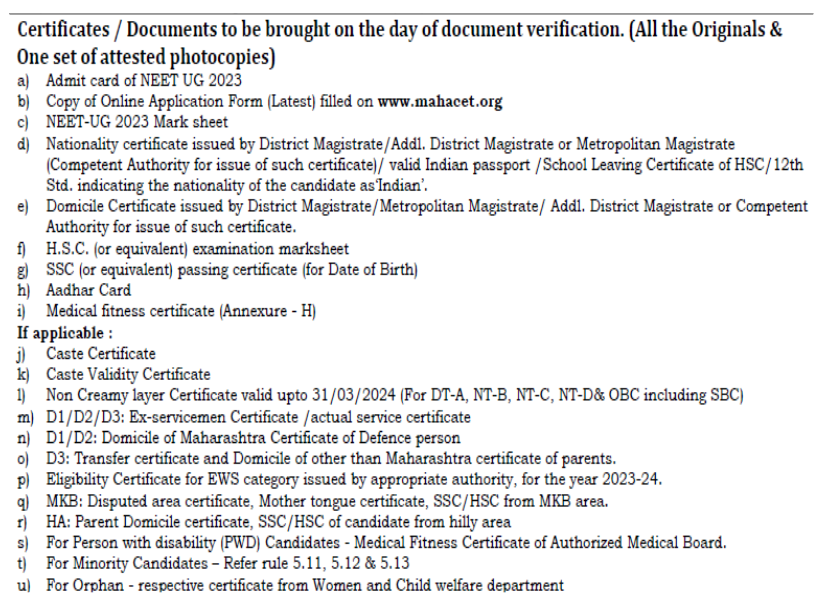 Documents required for mbbs admission at smbt medical college nashik  