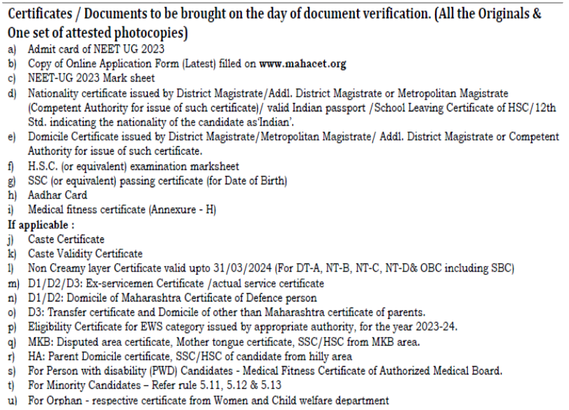 Documents required for mbbs admission at smt kashibai navale medical college  