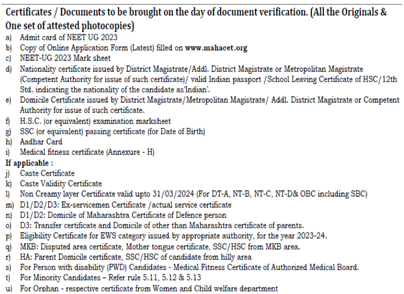 Documents required for mbbs admission at vims ahmednagar  