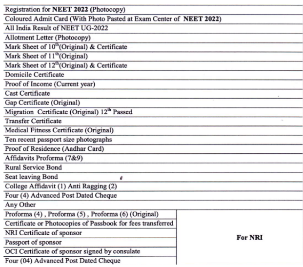 Documents required for mbbs admission at index medical college indore  