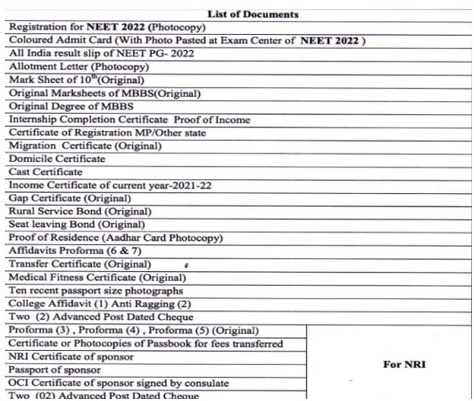 Documents required for pg admission at index medical college indore  