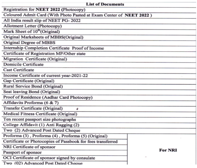 Documents required for pg admission at rd gardi medical college ujjain  