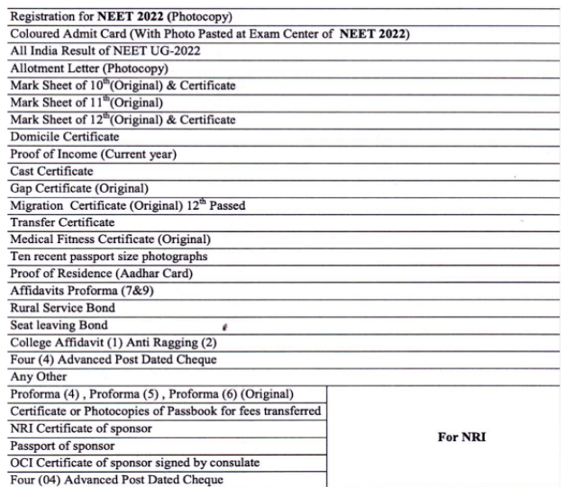 Documents required for mbbs admission at sri aurobindo medical college indore  