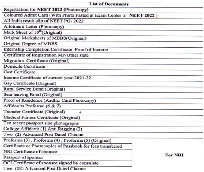 Documents required for pg admission at sri aurobindo medical college indore  