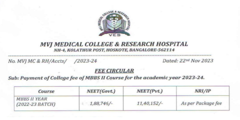 Mvj medical college mbbs fees