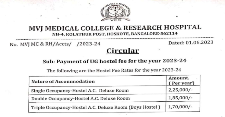 Mvj medical college hostel fees