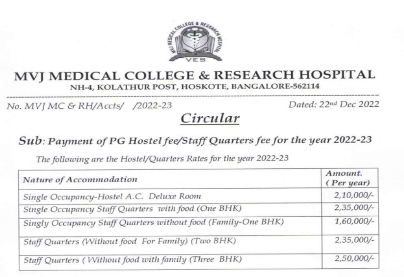 Mvj medical college hostel fees