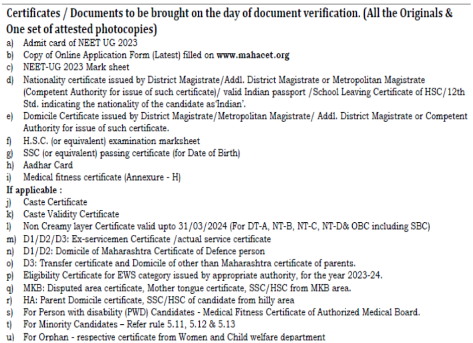 Documents required for mbbs admission at acpm medical college dhule  