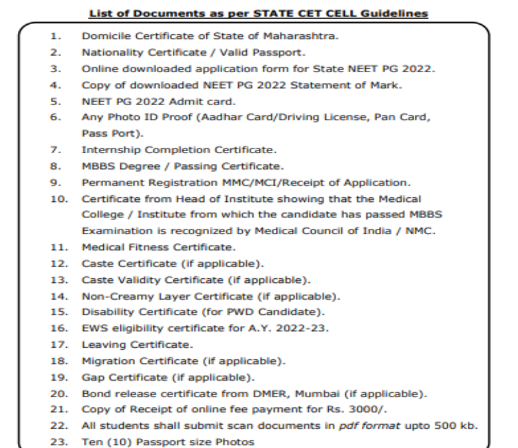 Documents required for pg admission at acpm medical college dhule  