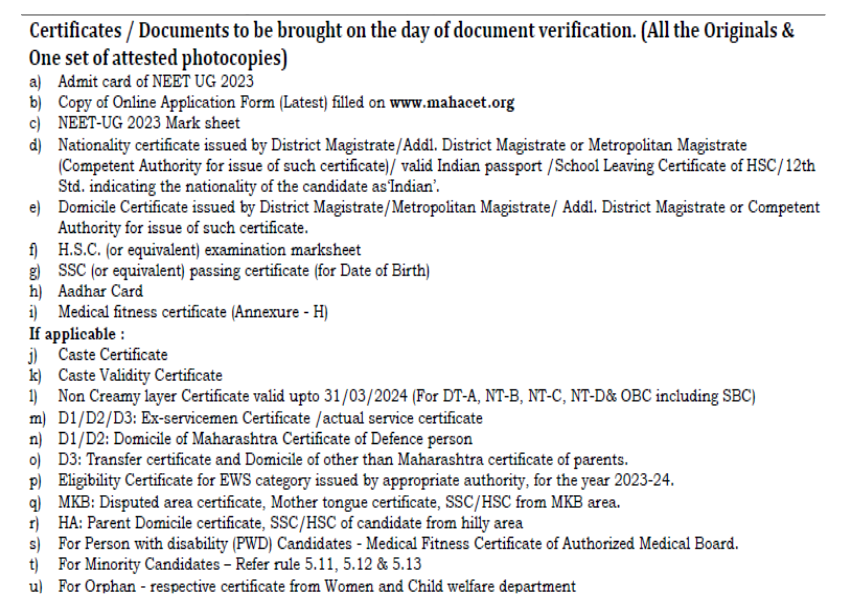 Documents required for mbbs admission at ashwini rural medical college solapur  