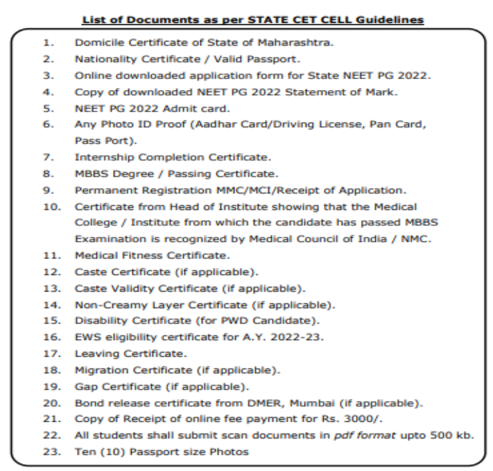 Documents required for pg admission at ashwini rural medical college solapur  