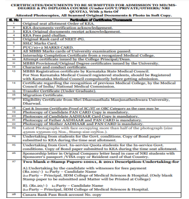 Documents required for mbbs admission at sdm medical college