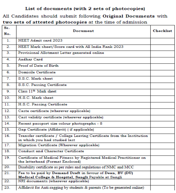 Documents required for mbbs admission at bharati vidyapeeth deemed university medical college and hospital sangli  