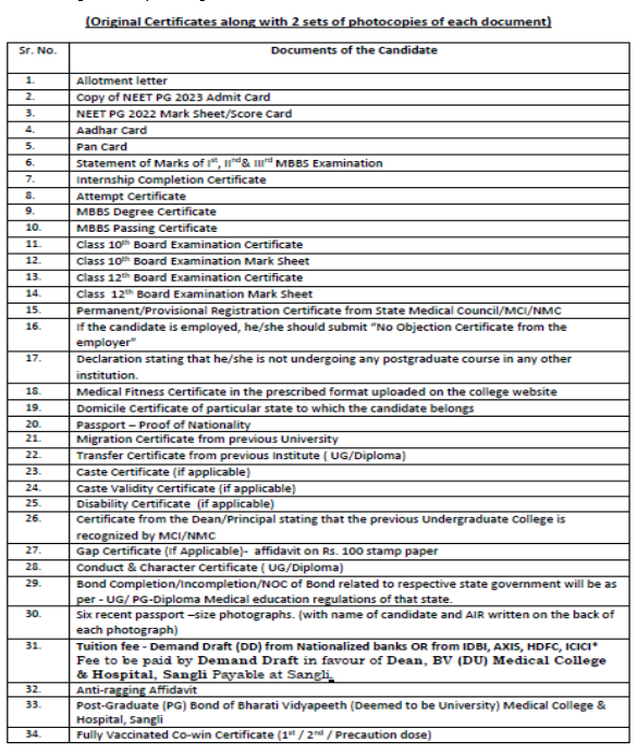 Documents required for pg admission at bharati vidyapeeth deemed university medical college and hospital sangli  