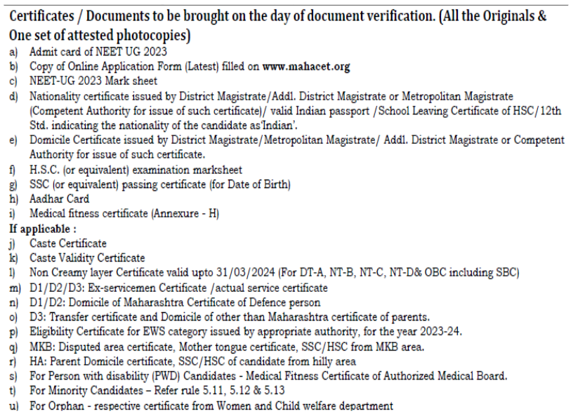 Documents required for mbbs admission at dr panjabrao deshmukh memorial medical college  