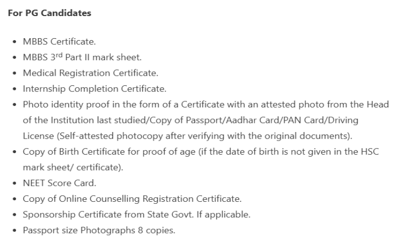 Documents for PG admission at Silchar Medical College