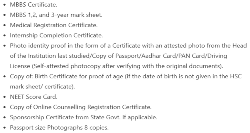 Documents required for Chhattisgarh NEET PG Counselling 2025