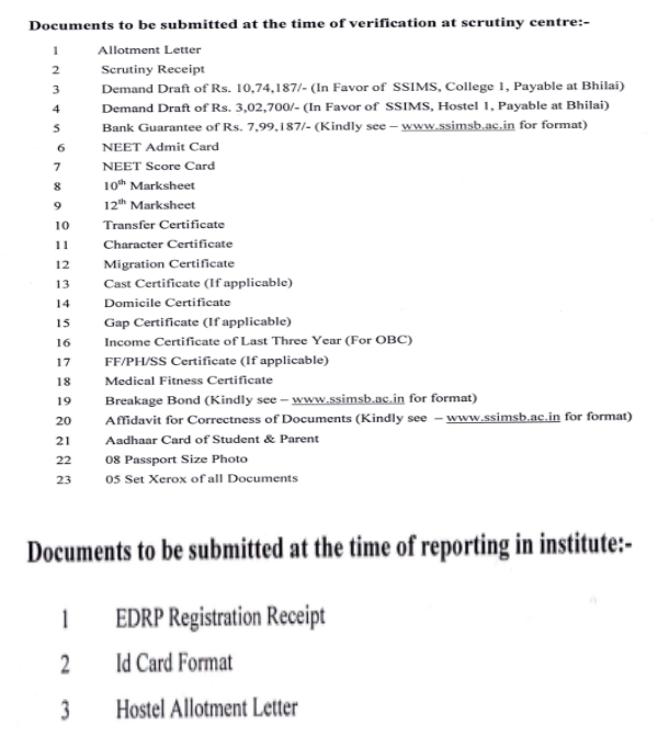 Documents for MBBS admission at Shri Shankaracharya Institute of Medical Sciences