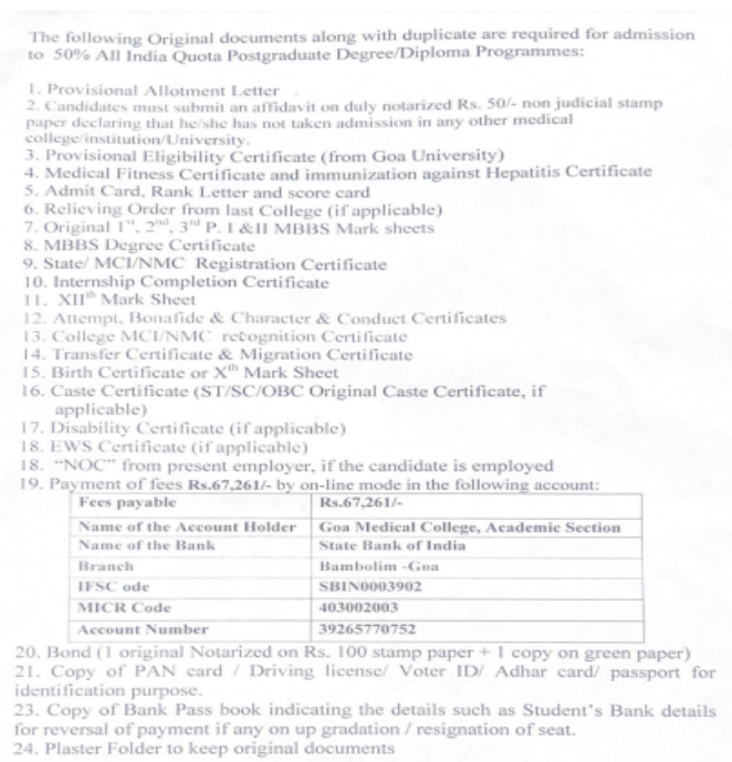 Documents for PG admission at Goa Medical College